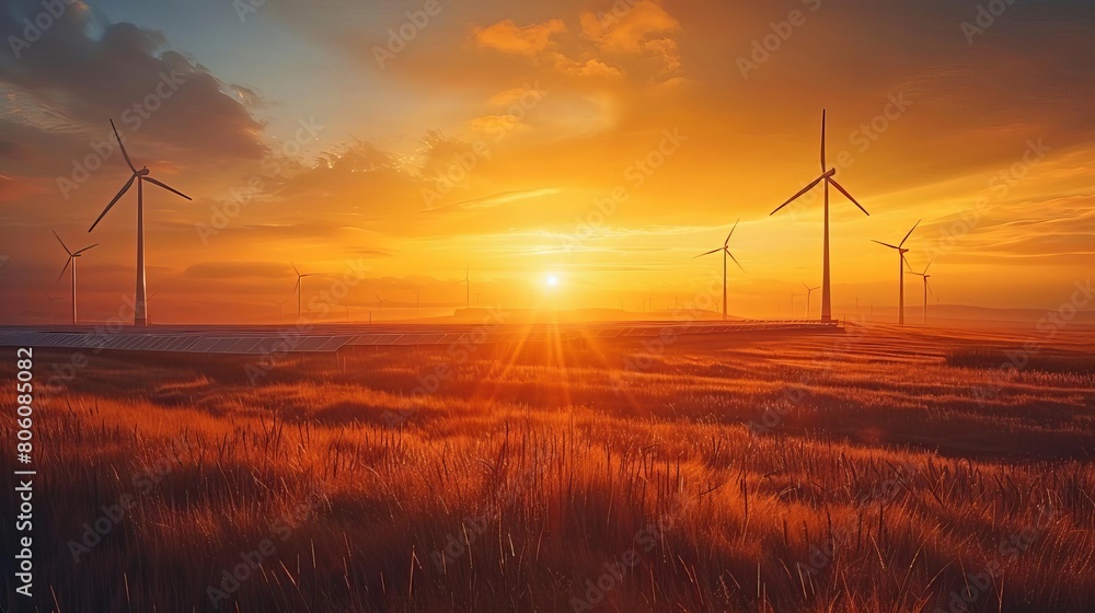 Obraz premium Sunrise illuminating a field of solar panels with wind turbines silhouetted against the orange sky, highlighting renewable energy sources as a dawn of new energy era