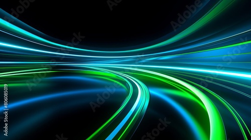 Radiant blue and green light lines weaving across a black background
