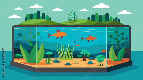 A thoughtfully designed aquarium that replicates the brackish waters of a mangrove swamp with simulated tides and a mix of freshwater and saler. Vector illustration