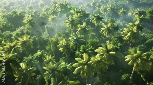 Craft a visually stunning 3D rendering that showcases a birds-eye view of a tropical landscape on a scorching day Bring the trees to life with intricate details