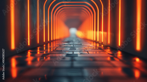 A long, narrow tunnel with orange lights on the walls