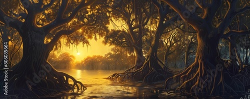 Capture the mysterious allure of a swamp in a dry land with intricate details of twisted mangroves and parched earth below, bathed in the warm glow of an evening sun photo