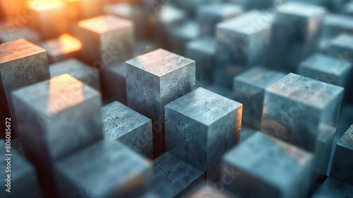 A close up of a bunch of gray cubes with a sun shining on them