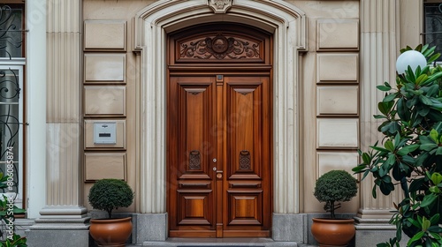 Traditional wooden door with a carved transom window above
