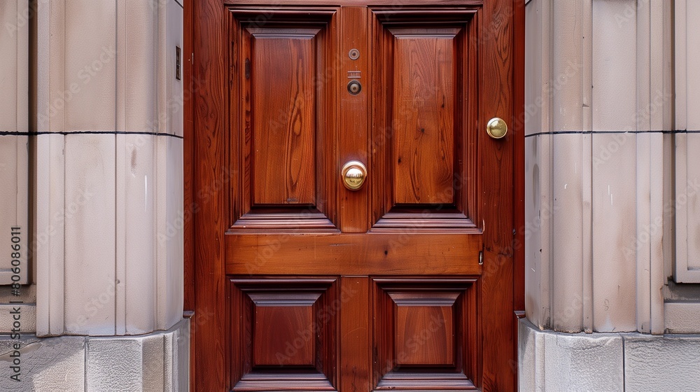 Traditional wooden door with raised panels and brass hardware Traditional wooden door with raised panels and brass hardware