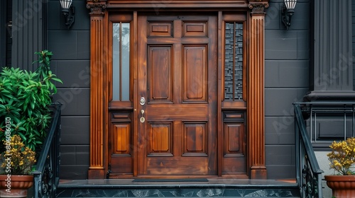 Traditional wooden door with raised panels and decorative molding