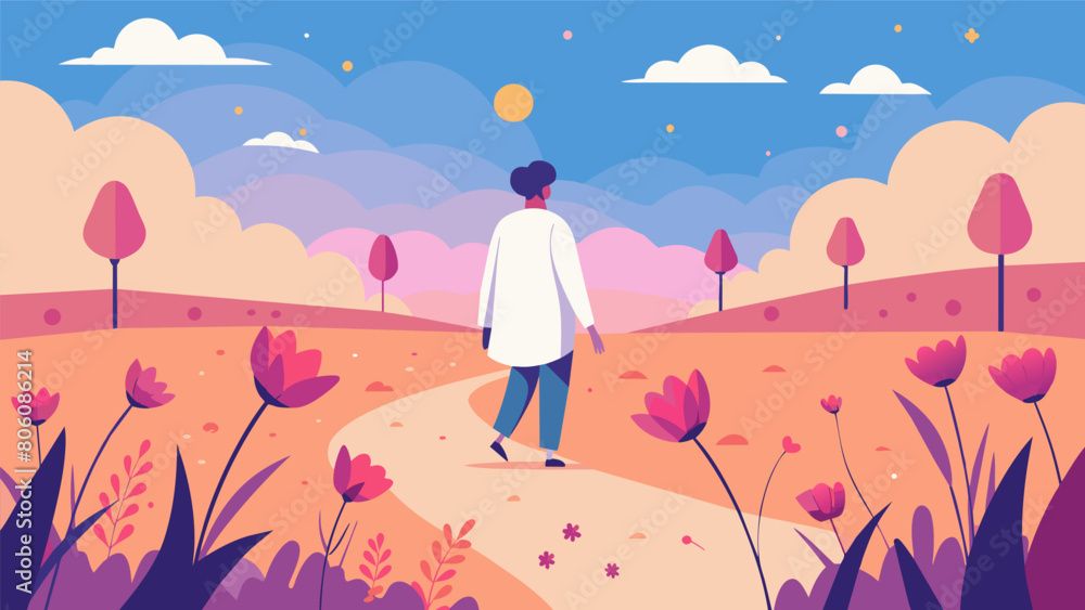 A person walking through a field of flowers taking in the beauty of their surroundings and finding inner peace in the present moment.. Vector illustration
