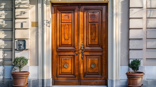 Traditional wooden door with raised panels and decorative molding