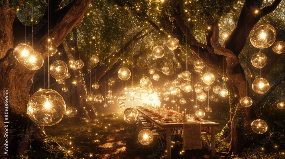 An enchanting forest wedding scene with a long table under a canopy of trees, illuminated by hundreds of hanging glass orbs. An enchanting forest wedding scene with a long table under a canopy of trees, illuminated by hundreds of hanging glass orbs.