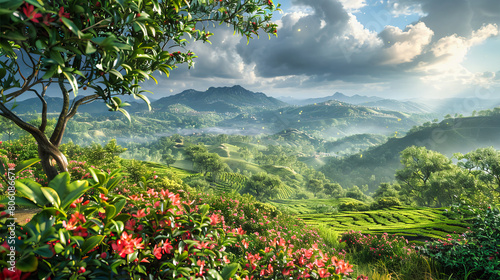 Misty Sunrise in a Tropical Valley, Scenic Overlook of Lush Greenery and Peaks in Southeast Asia