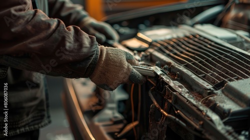 Mechanic hands are repairing old car engine radiator. AI generated image