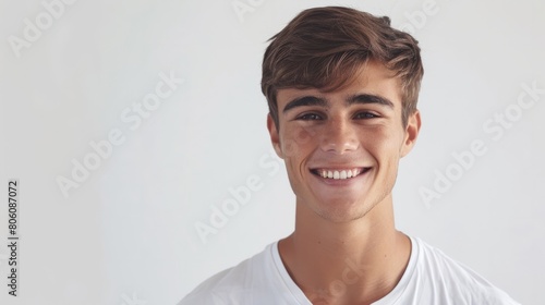 Portrait of a handsome young man smiling at camera over white background hyper realistic 