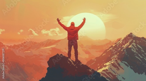 Positive man celebrating on mountain top, with arms raised up, Generative AI illustration hyper realistic  photo