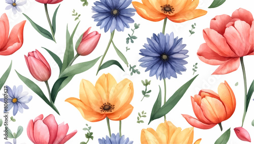 Beautiful seamless vector floral pattern, spring summer background with tropical flowers, palm leaves, jungle leaf, rose, bird of paradise flower. Exotic wallpaper, Hawaiian style, watercolour style