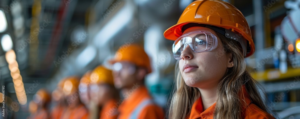 A female engineer wearing a hard hat and safety glasses looks thoughtfully into the distance.