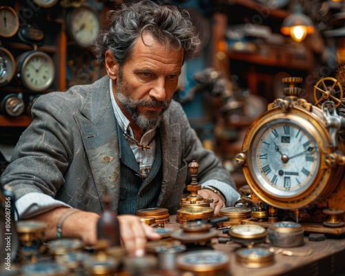 A watchmaker is carefully working on a clock.