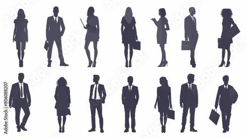 Silhouette business people set. Men and women, smartly dressed, some with clipboards. hyper realistic  photo