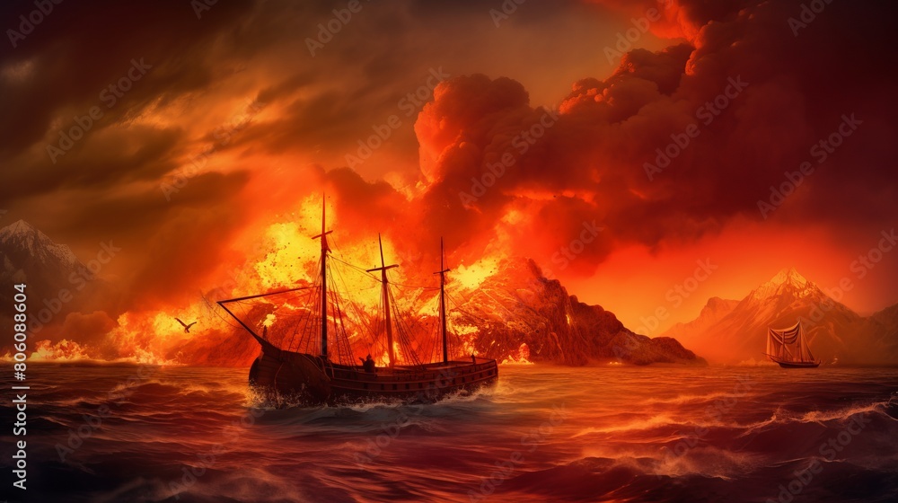 Volcano Eruption On Fire ocean and boats, sharp focus, intricate, diorama, omunious atmosphere,detailed illustration, beautiful color palette. Volcano Eruption On Fire ocean and boats, sharp focus, intricate, diorama, omunious atmosphere,detailed illustration, beautiful color palette.