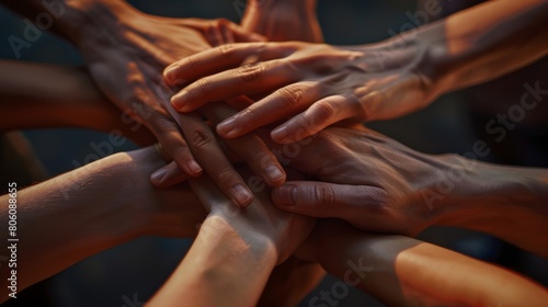 Stack of hands. Unity and teamwork concept. hyper realistic  photo