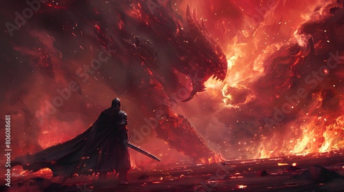 Epic fantasy scene depicting a lone warrior, sword in hand, confronting a massive fire-breathing dragon amidst a fiery landscape, Digital art style, illustration painting. photo