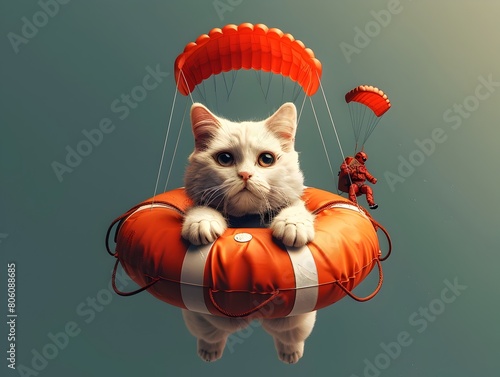 Lifebuoy Feline Guiding a Parachutist's Dreamlike Descent photo