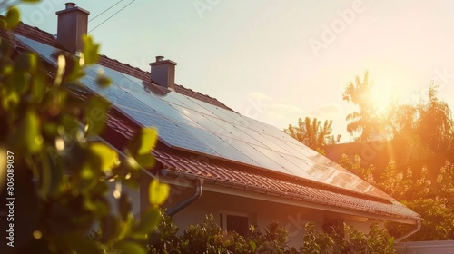 Sun shining on solar panels on top of a roof, photovoltaic as environmental friendly alternative for generating energy hyper realistic 