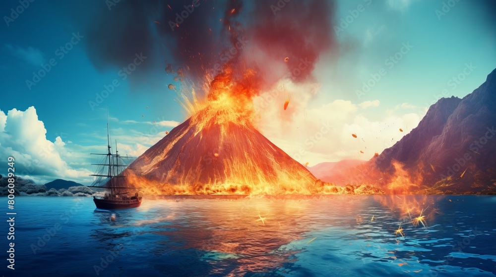 Volcano Eruption On Fire summertime blue skies beautiful colours surrounded by the ocean and boats.