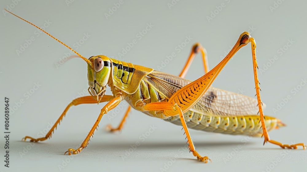 A green and yellow grasshopper on a white background A green and yellow grasshopper on a white background