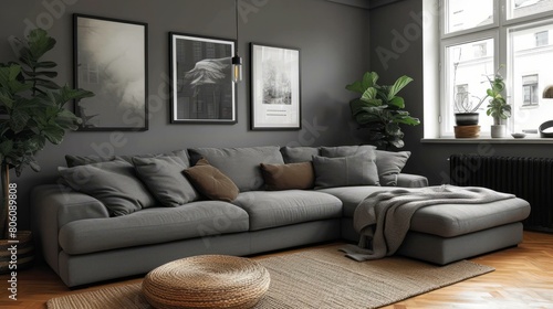 gray couch in a living room with plants and black picture frames