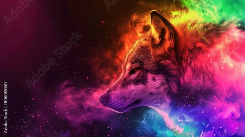Fantasy wolf animal on space galaxy with rainbow light colors. AI generated image