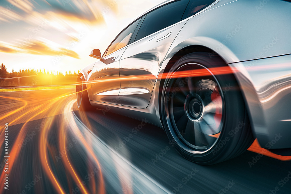 Super sport car on the speed, dynamic motion effect blurred background