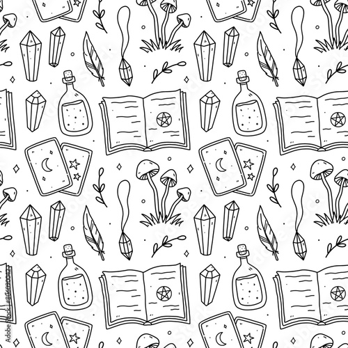 Cute seamless pattern with magic doodles - pendant, gemstones, tarot cards, potion, spellbook. Vector hand-drawn illustration. Perfect for print, wallpaper, decorations.