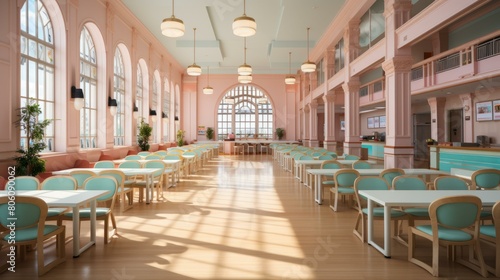 Pink retro dining hall with large windows