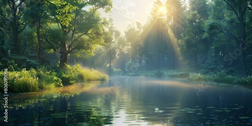 The sun shines through the trees in the forest and shines on the river in the forest