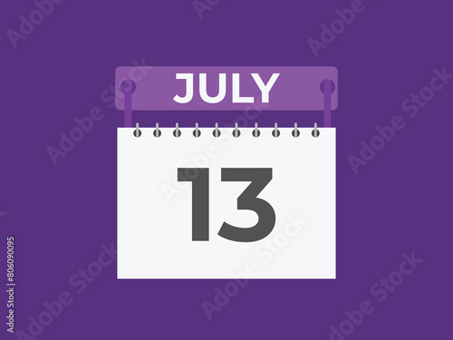July 13 calendar reminder. 13 July daily calendar icon template. Calendar 13 July icon Design template. Vector illustration
