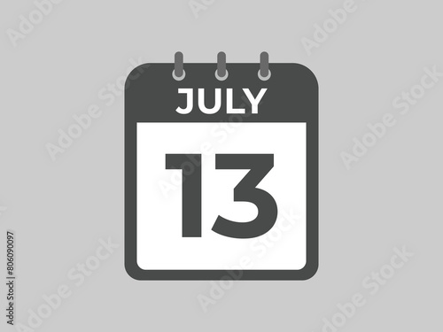 July 13 calendar reminder. 13 July daily calendar icon template. Calendar 13 July icon Design template. Vector illustration
