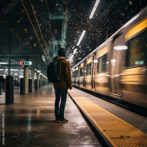 Man in a train station at night with a train passing by