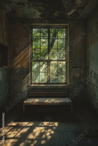 An old abandoned room with a large window