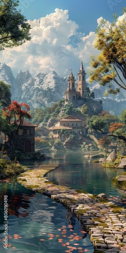 fantasy landscape with a castle on a hill