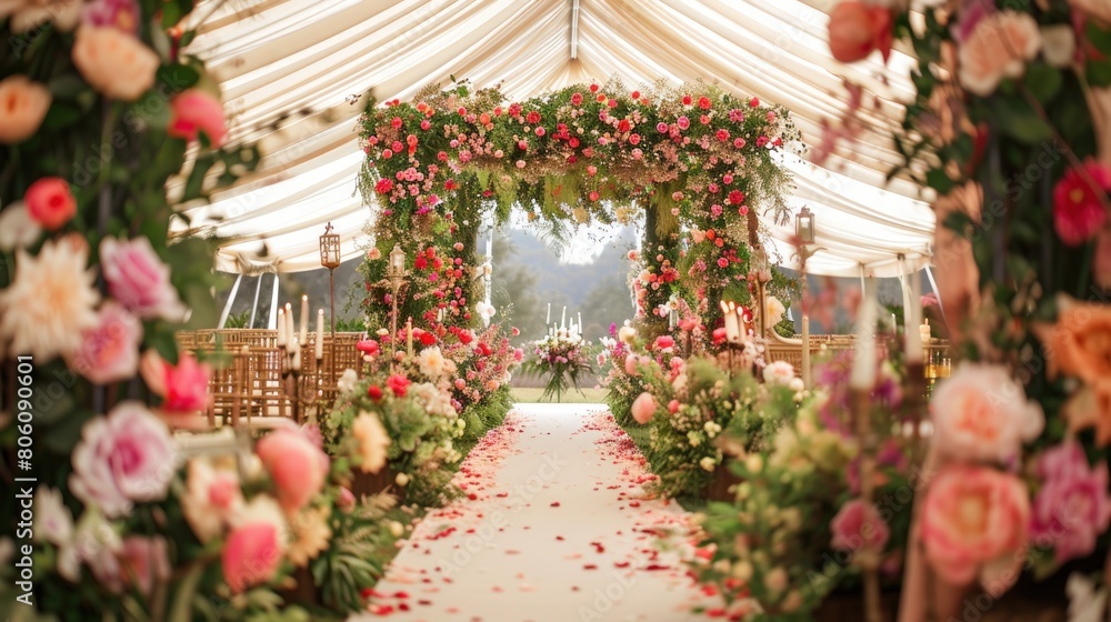 Concept of a luxurious wedding tent outdoor decorated with beautiful flowers. AI generated image