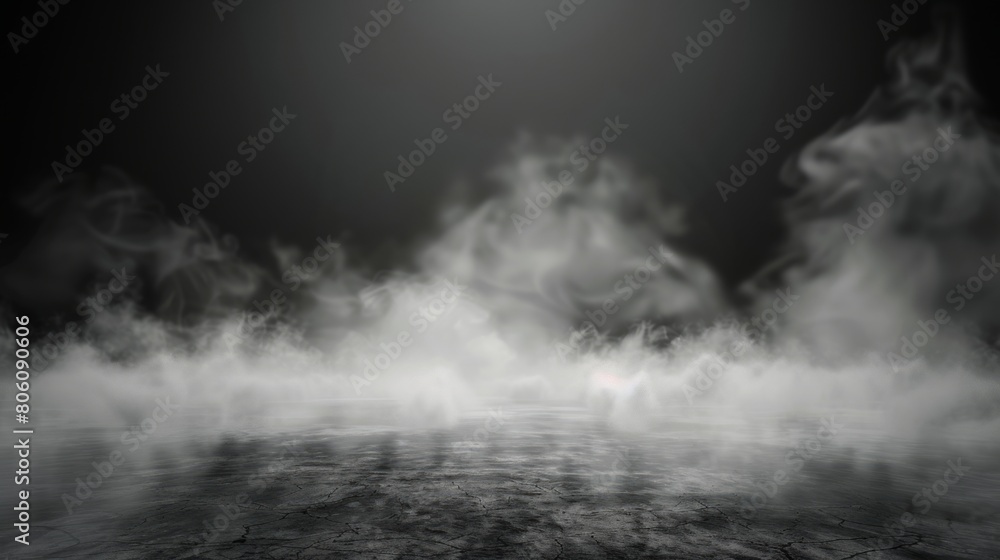 Fototapeta premium Smoke black ground fog cloud floor mist background steam dust dark white horror overlay. Ground smoke haze night black water atmosphere 3d magic spooky smog texture isolated transparent effect circle 