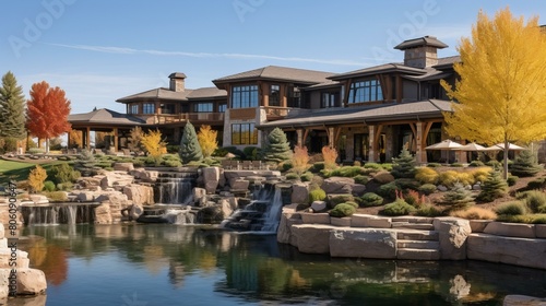 Large luxury house with autumn trees and a pond © Adobe Contributor