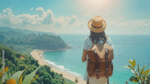 Back view an Asian woman traveler with backpack on tropical mountain peak. Generated AI image © is