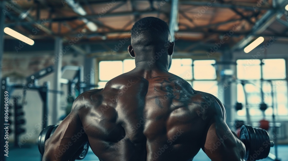 Closeup a black man athlete of bodybuilder weight training with dumbbell at gym. Generated AI image
