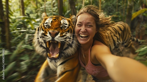Expression of a happy woman with a forest tiger. AI generated image photo