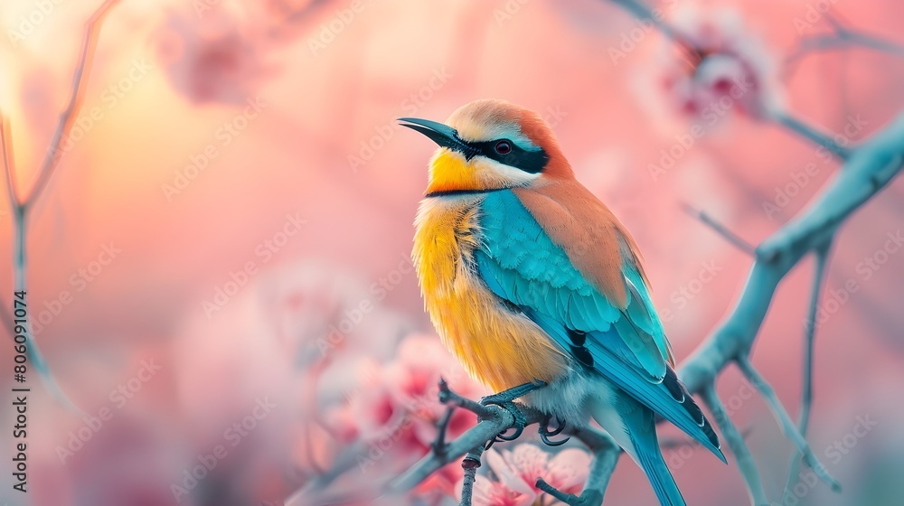 Fototapeta premium Vibrant Colorful Bird on Blooming Branch with Pastel Background