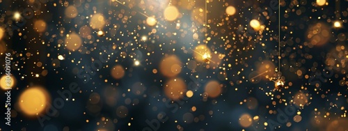 Dark background, golden lights hanging from the top of the screen, scattered gold particles floating in midair, blurry bokeh effect, depth of field, black gradient background, light refraction.