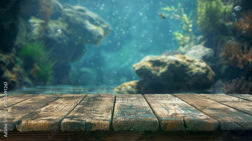 Wooden table top with copy space. Aquarium background hyper realistic 