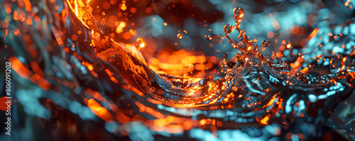 Zoom in on the collision of molten lava cascading into a pool of shimmering liquid metal