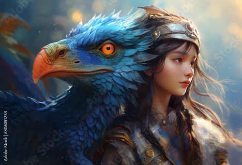Fantasy Portrait Of A Young Warrior And Her Majestic Blue Dragon Companion In A Mystical World. The Artwork Captures A Moment Of Connection Between The Fierce Guardian And The Graceful Female Warrior